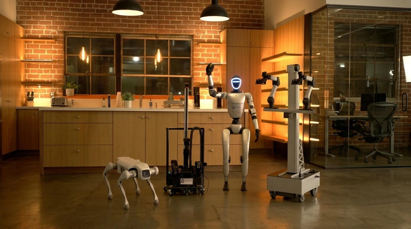 The Gatlin fleet together: quadruped, cart, humanoid, and the Gatlin-Heavy dual-arm robot
